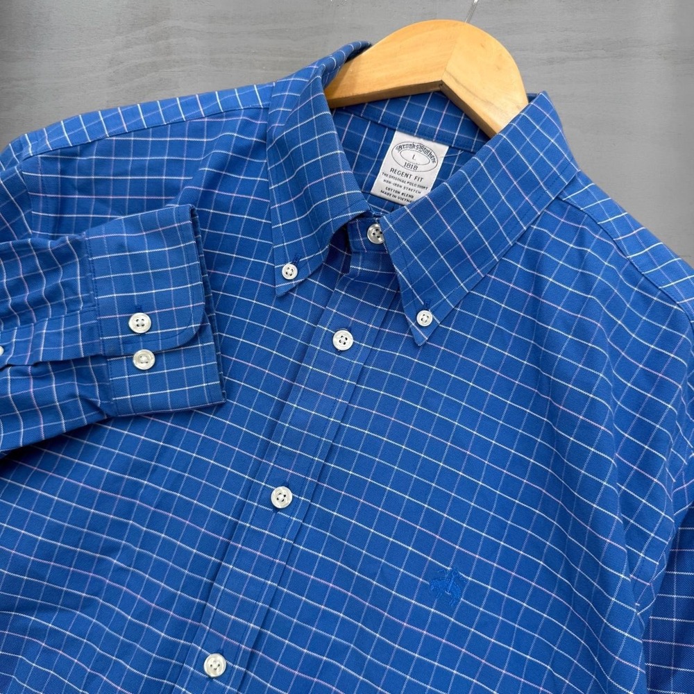 Brooks Brothers Button Down Blue Grid Regent Fit Stretch Non-Iron Large